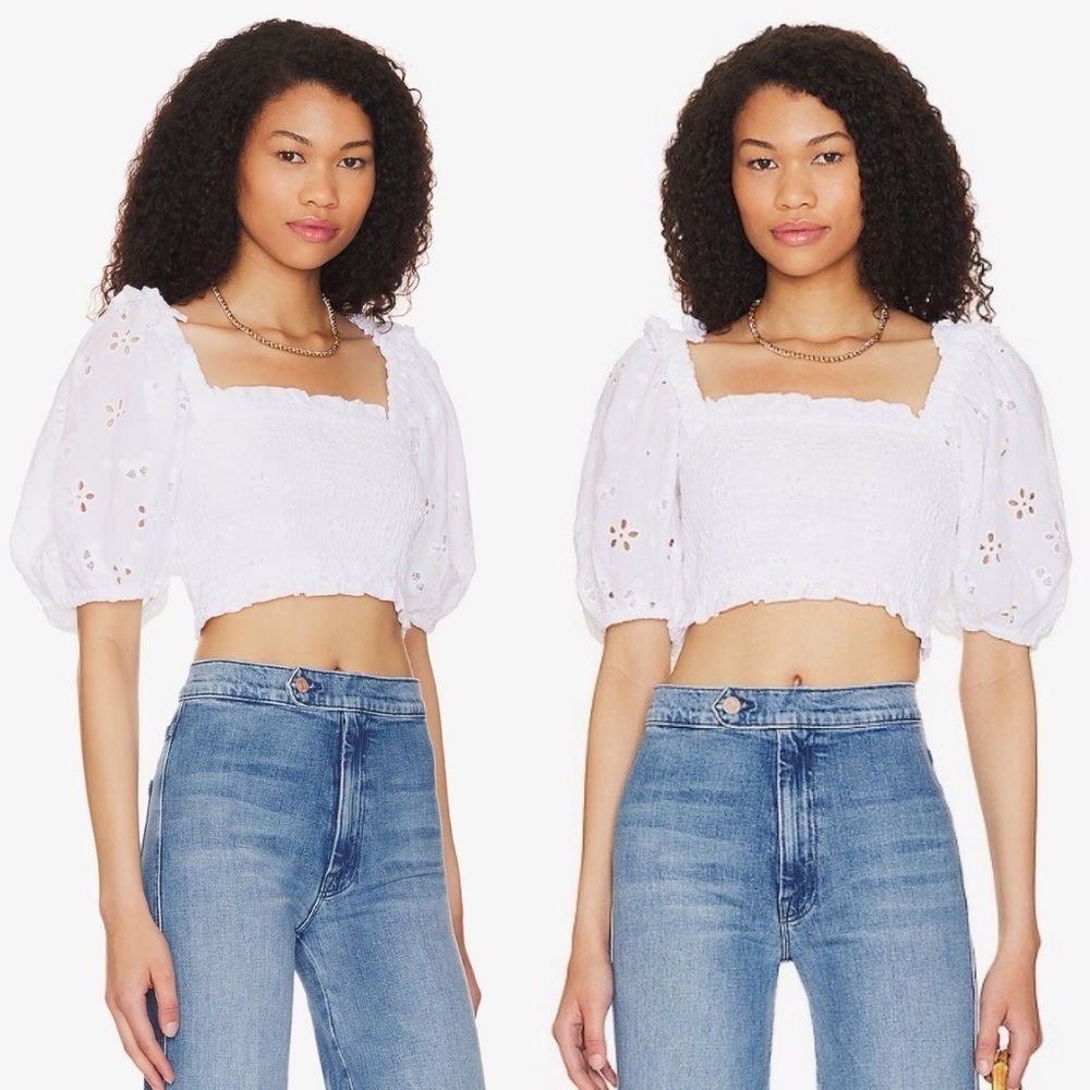For Love and Lemons- Addison Blouse Size Large White Floral Puff Sleeve
